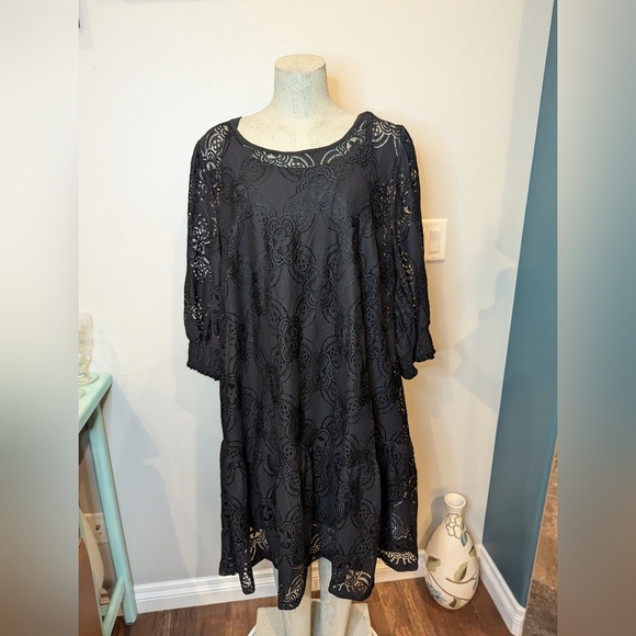 Black Lace Mini Dress 3/4:Sleeve  size 24 EU 54 - Picture 14 of 17